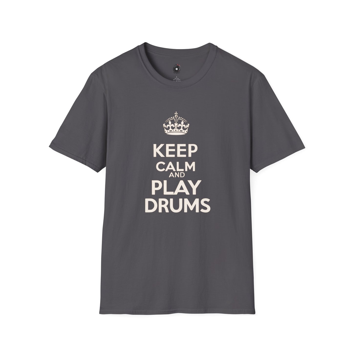 "Keep calm and play drums" text graphic tee.