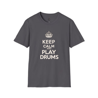 "Keep calm and play drums" text graphic tee.