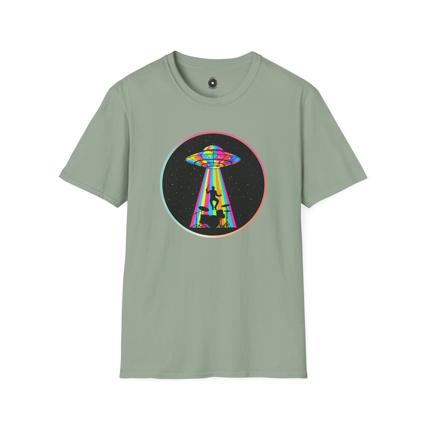 Drummer Being Abducted in a Colorful Beam Graphic Tee.