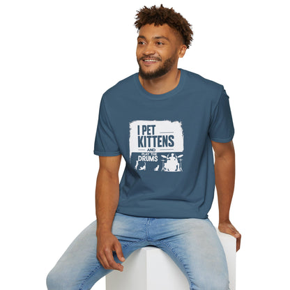 "I pet kittens and play the drums" in highlight graphic tee.
