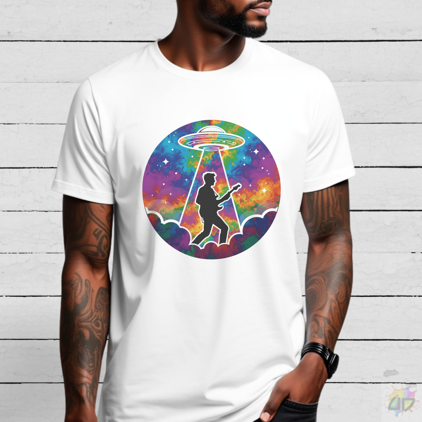 Guitarist Being Abducted in a Colorful Psychedelic Beam Graphic Tee.