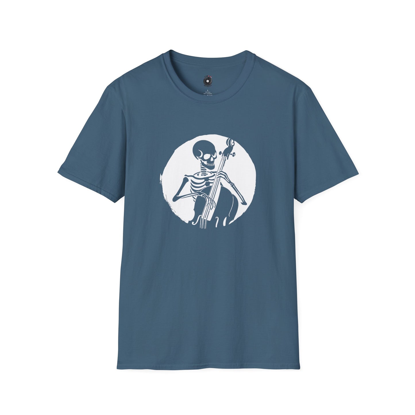 Skeleton Playing Upright Bass in a Circular Graphic Tee.