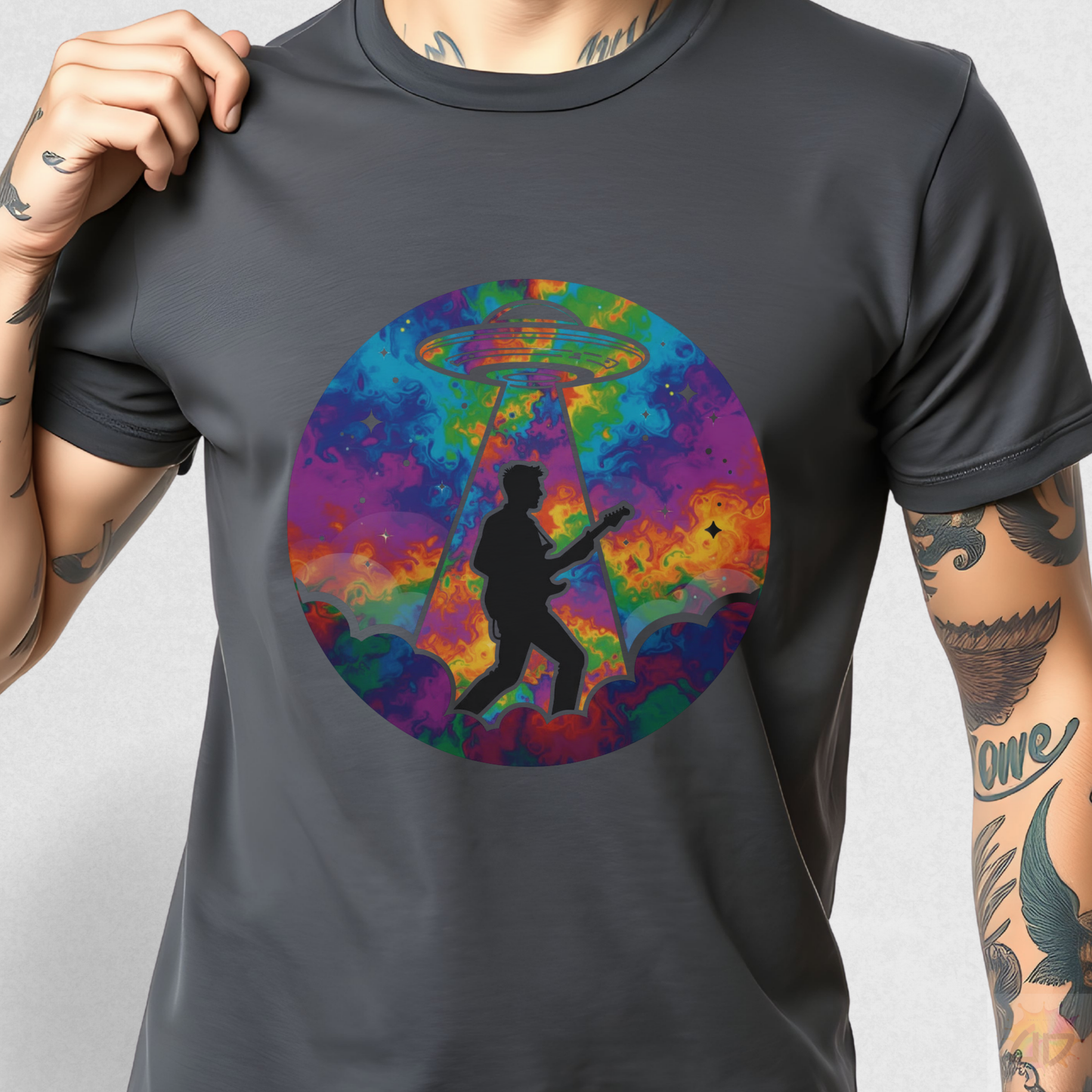 Guitarist Being Abducted in a Colorful Psychedelic Beam Graphic Tee.