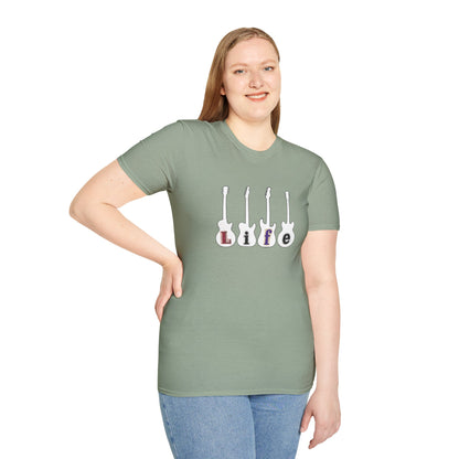 "Life" in four white guitar silhouettes