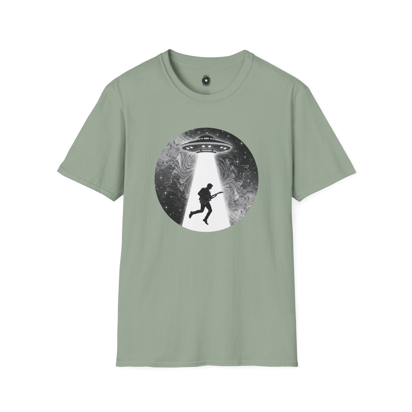 Guitarist being abducted in black and white graphic