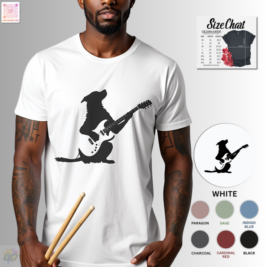 Silhouette of a puppy playing a solo on a guitar.