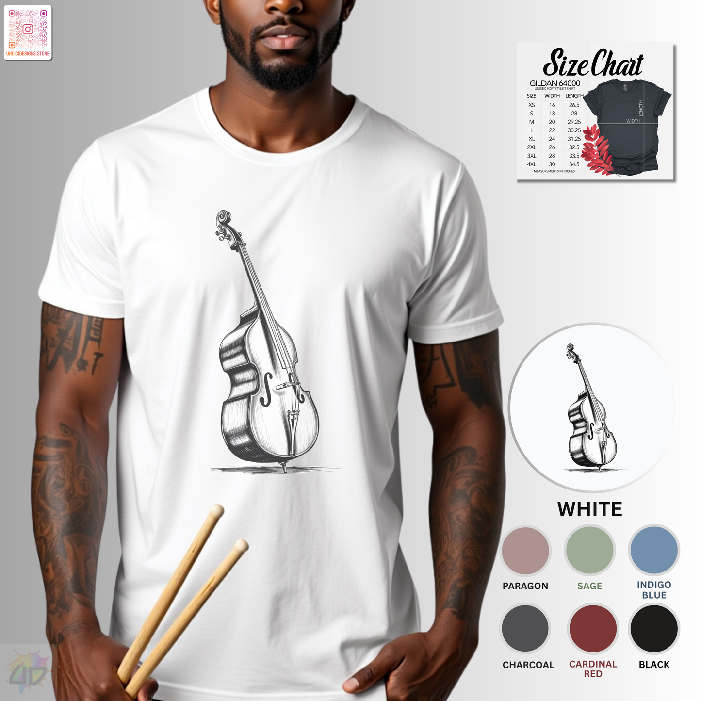 Hand drawn upright bass in white graphic tee.