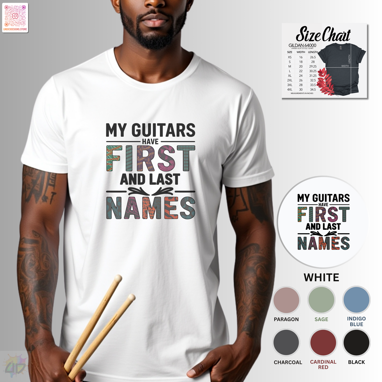 "My guitars have first and last names" colorful text graphic tee.