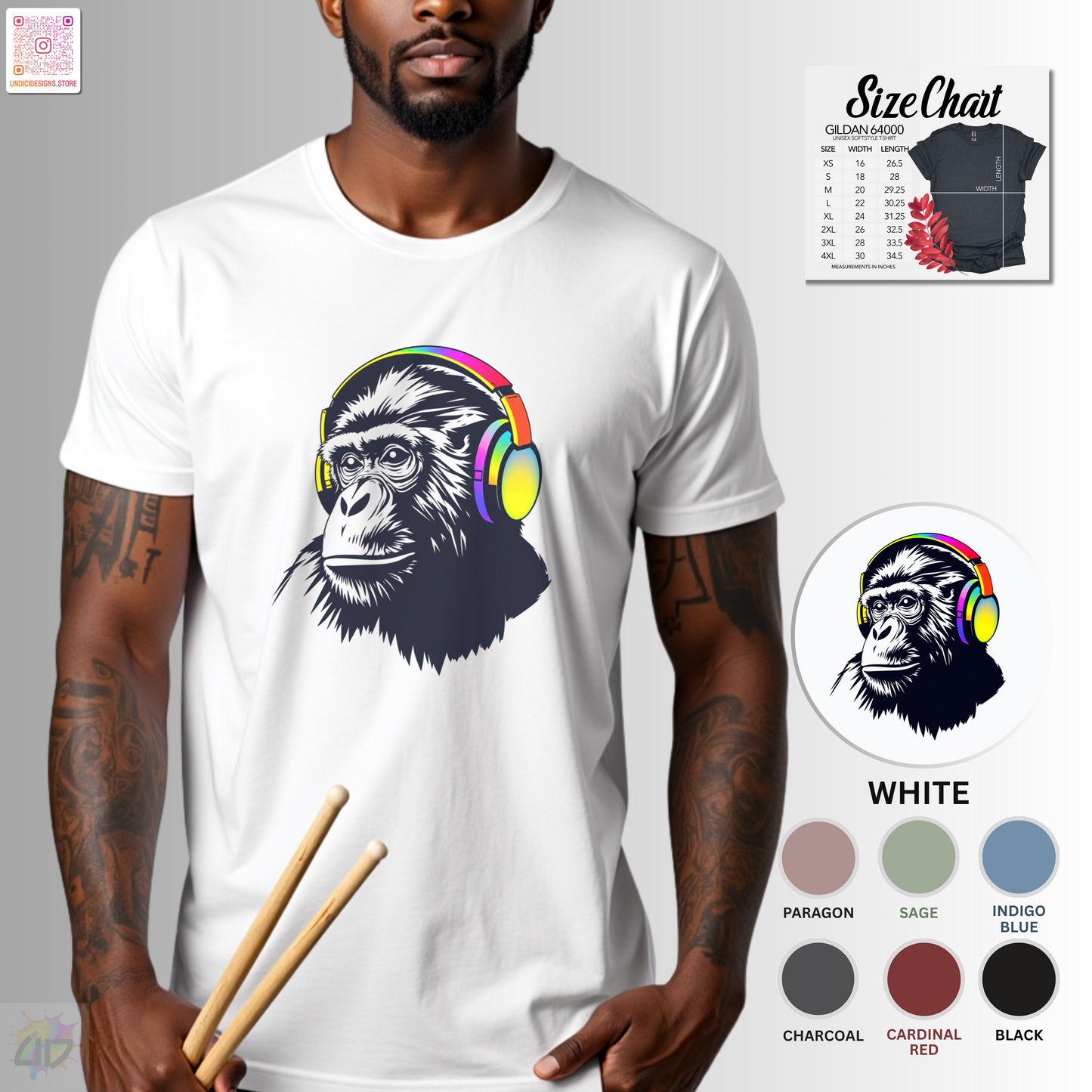 Gary the gorilla wearing colorful headphones graphic tee.