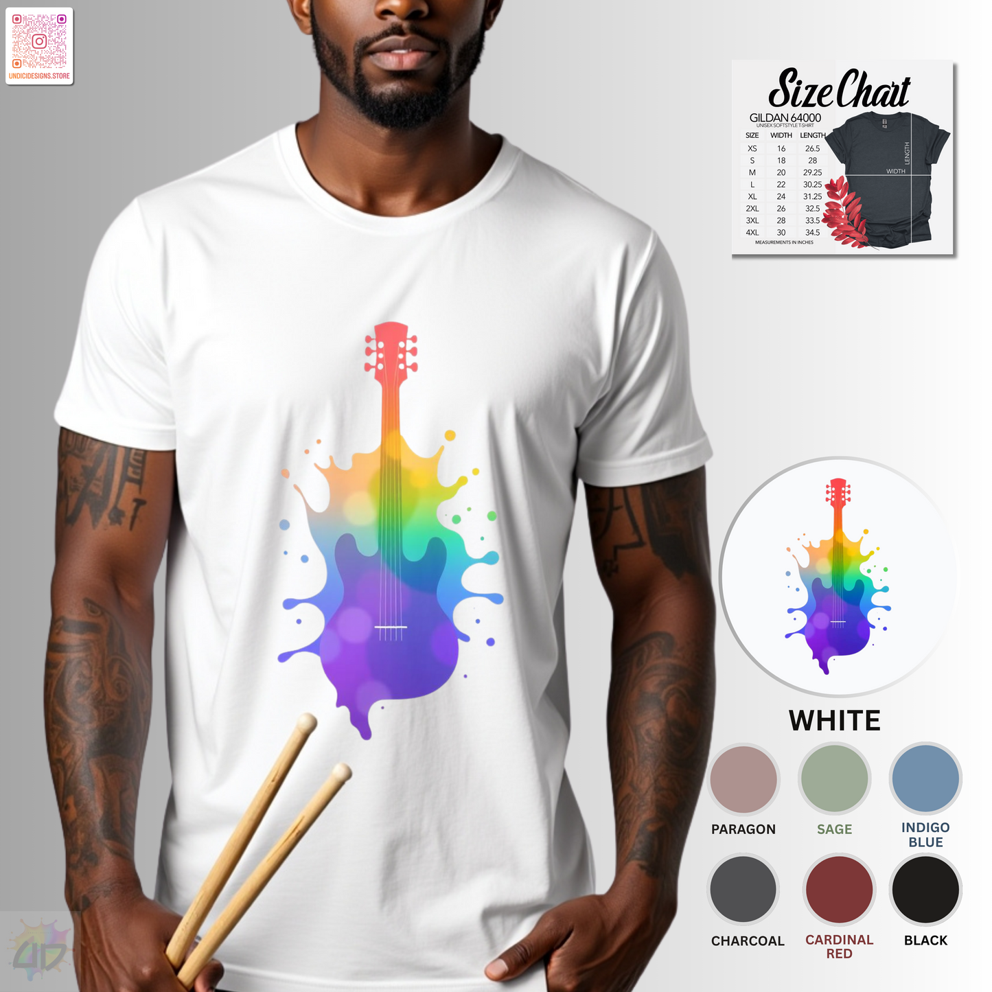 Colorful hollow body guitar in a vibrant splash graphic tee.