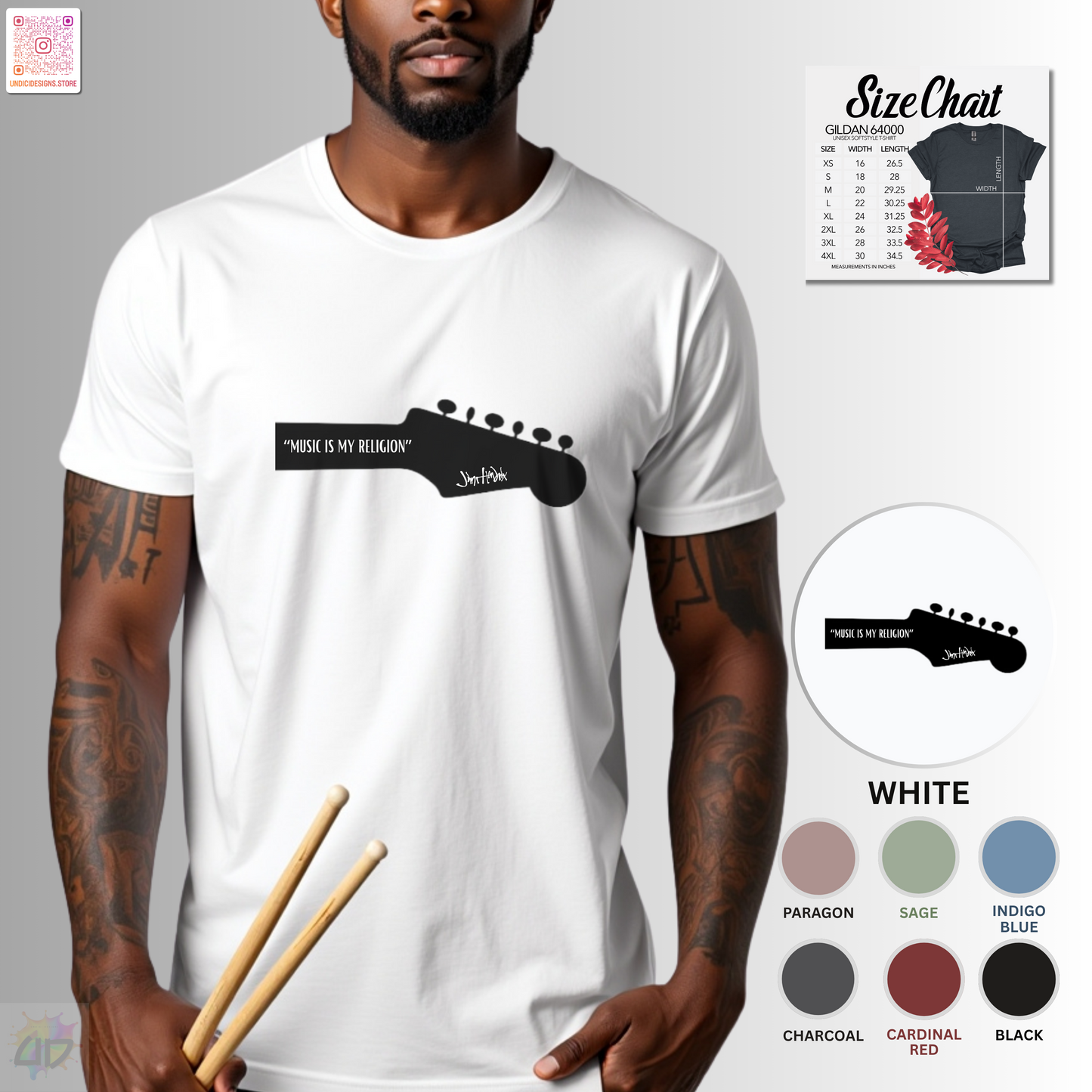 "Music is my religion" quote on guitar headstock graphic tee.