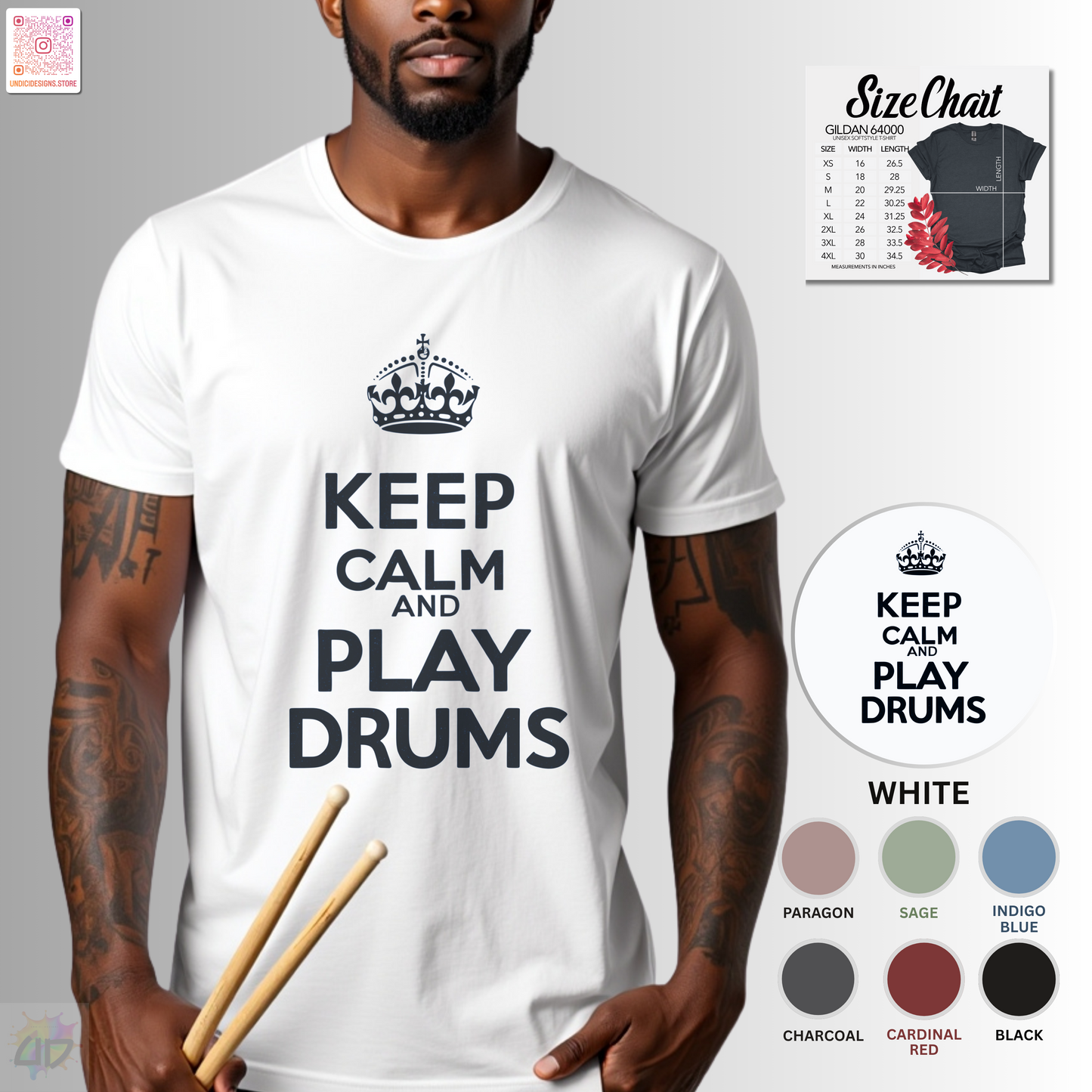 "Keep calm and play drums" graphic text tee.