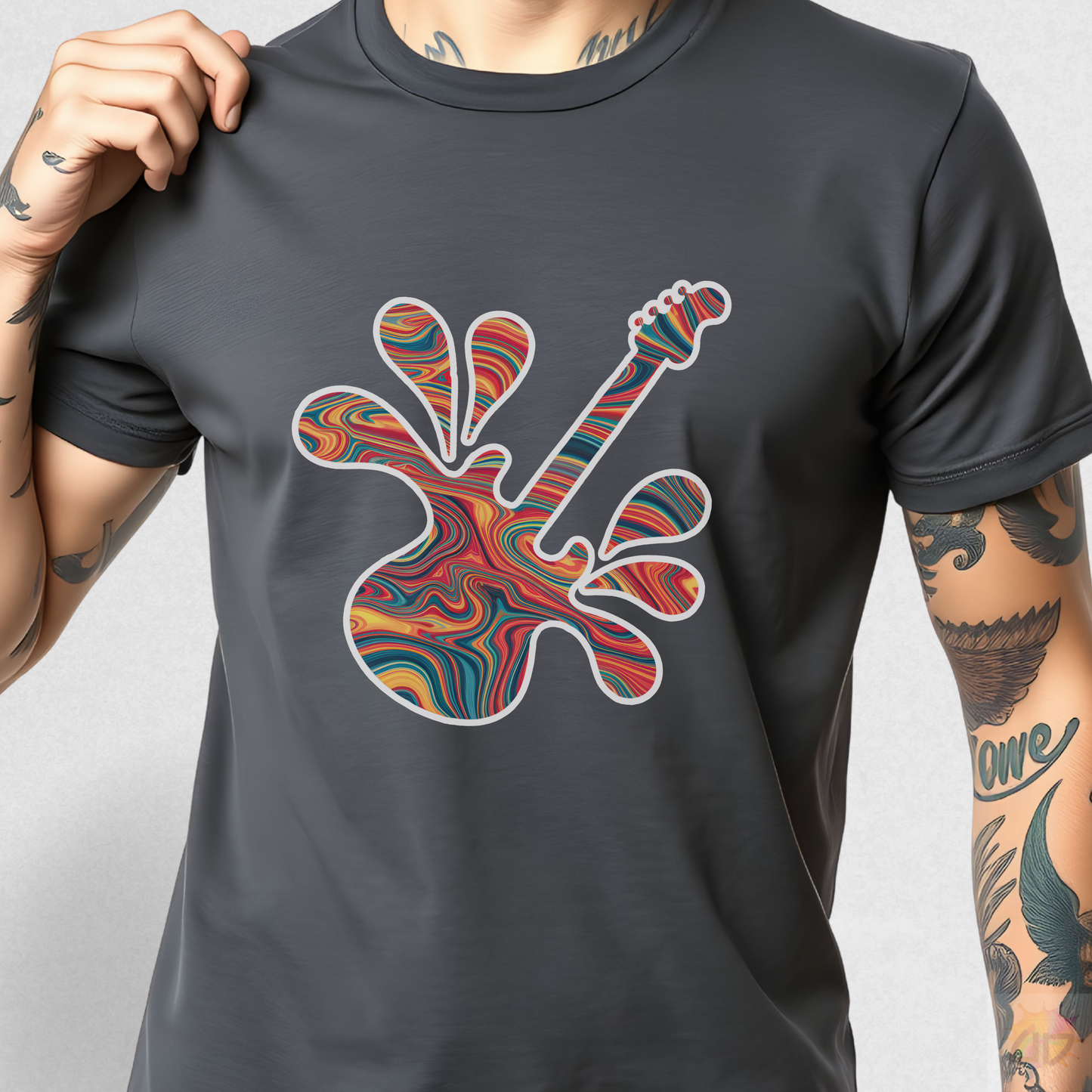 Tie-Dye Guitar in a Vibrant Splash Graphic Tee.