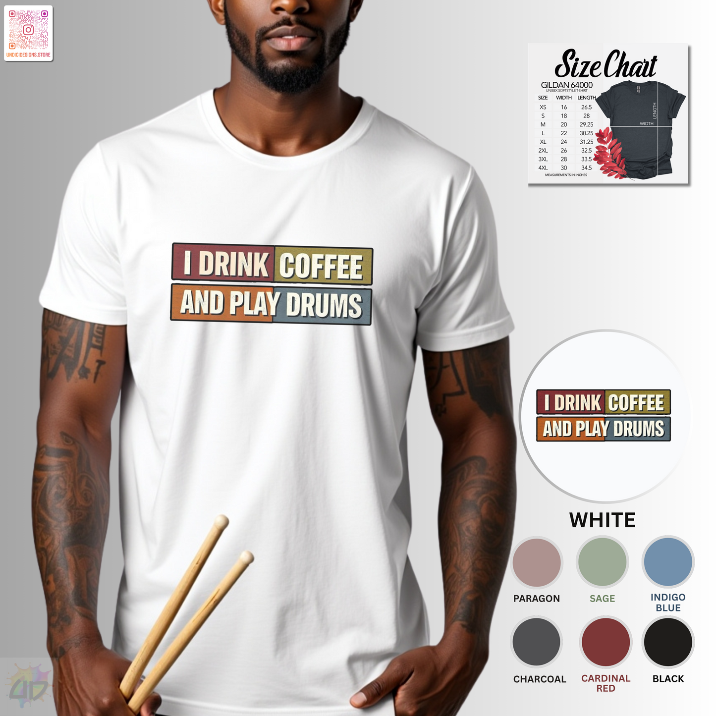 "I drink coffee and play drums" in colorful highlighted text tee.
