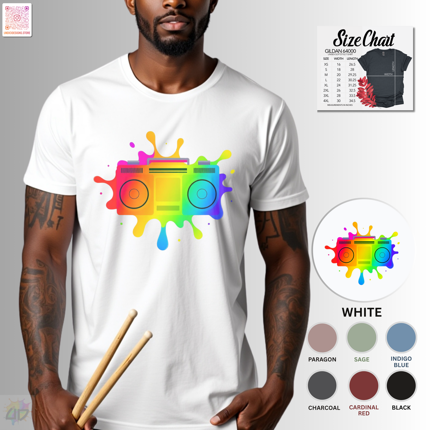 Colorful boombox in an artistic splash of vibrant paint graphic tee.