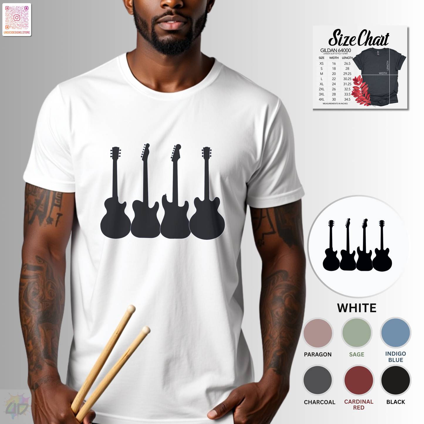 Four horizontal white guitar silhouettes graphic tee.