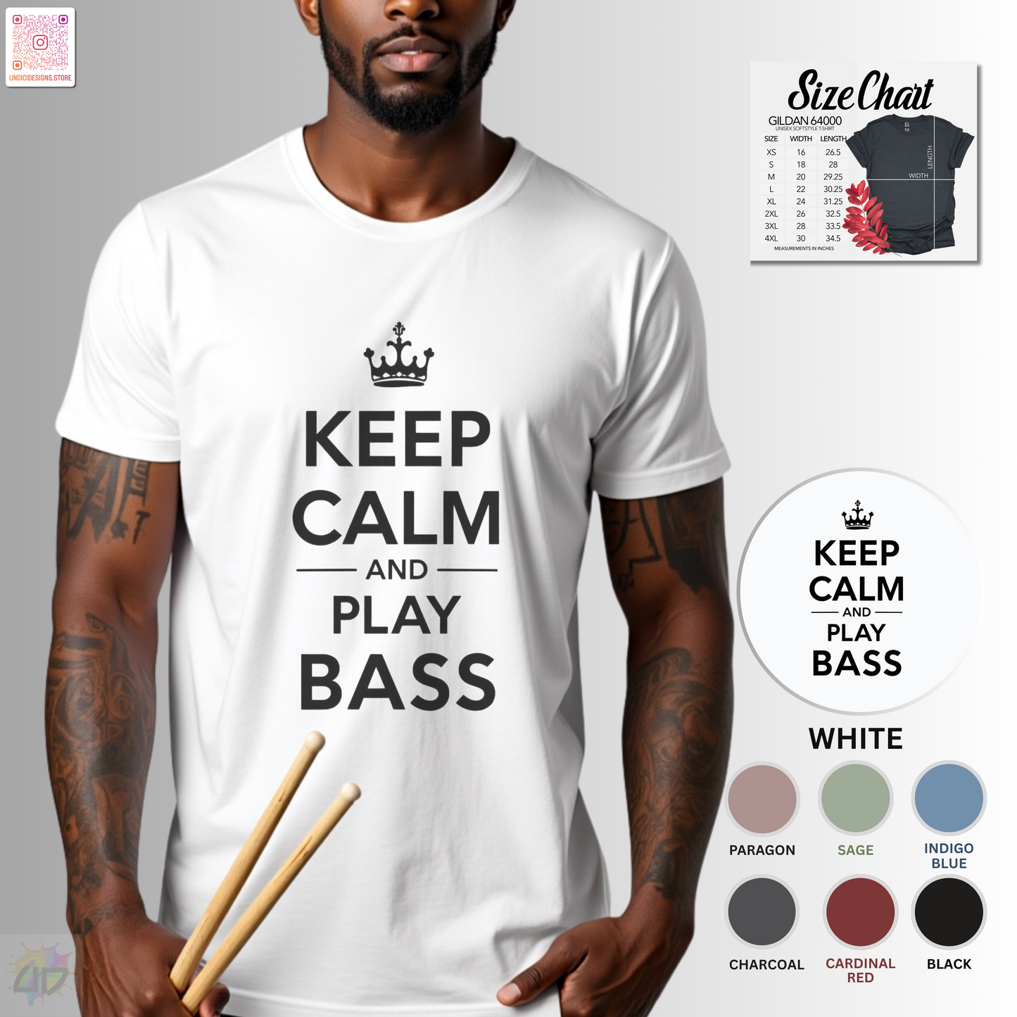 "Keep calm and play bass" text graphic tee.