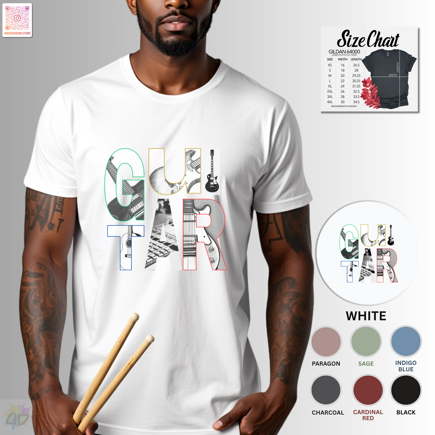 "Guitar" with guitars in letter backgrounds graphic tee.