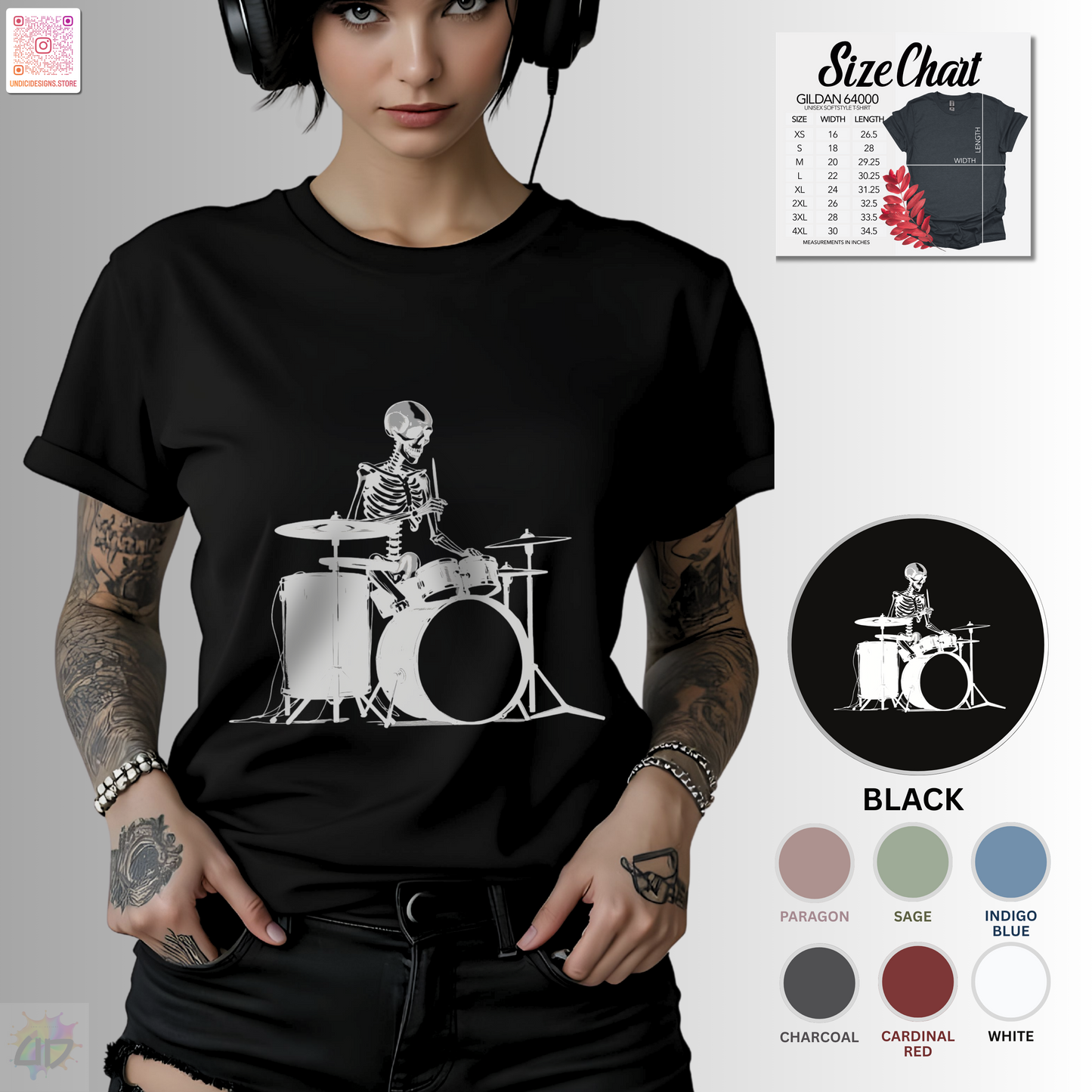 Skeleton silhouette playing drums graphic tee.