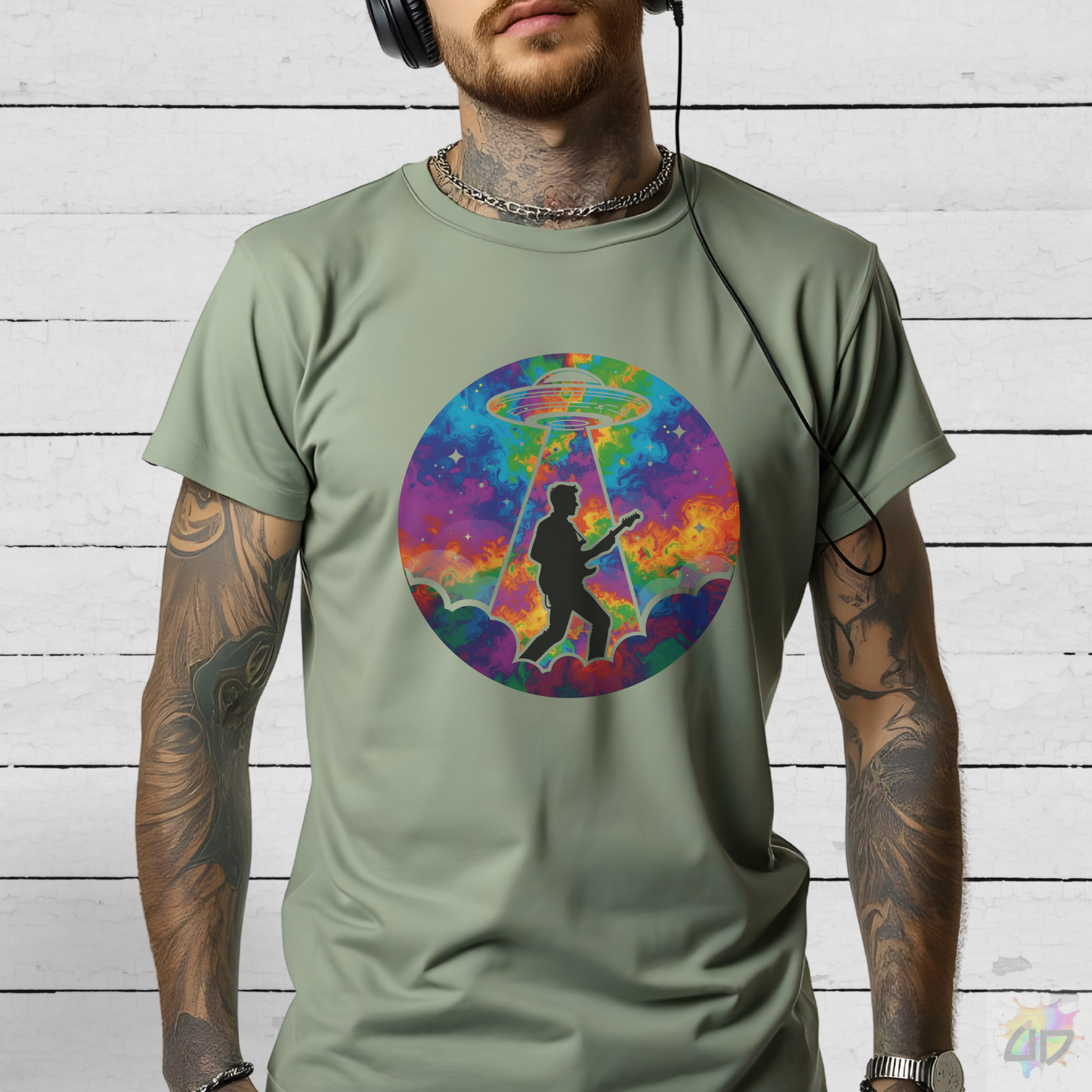 Guitarist Being Abducted in a Colorful Psychedelic Beam Graphic Tee.
