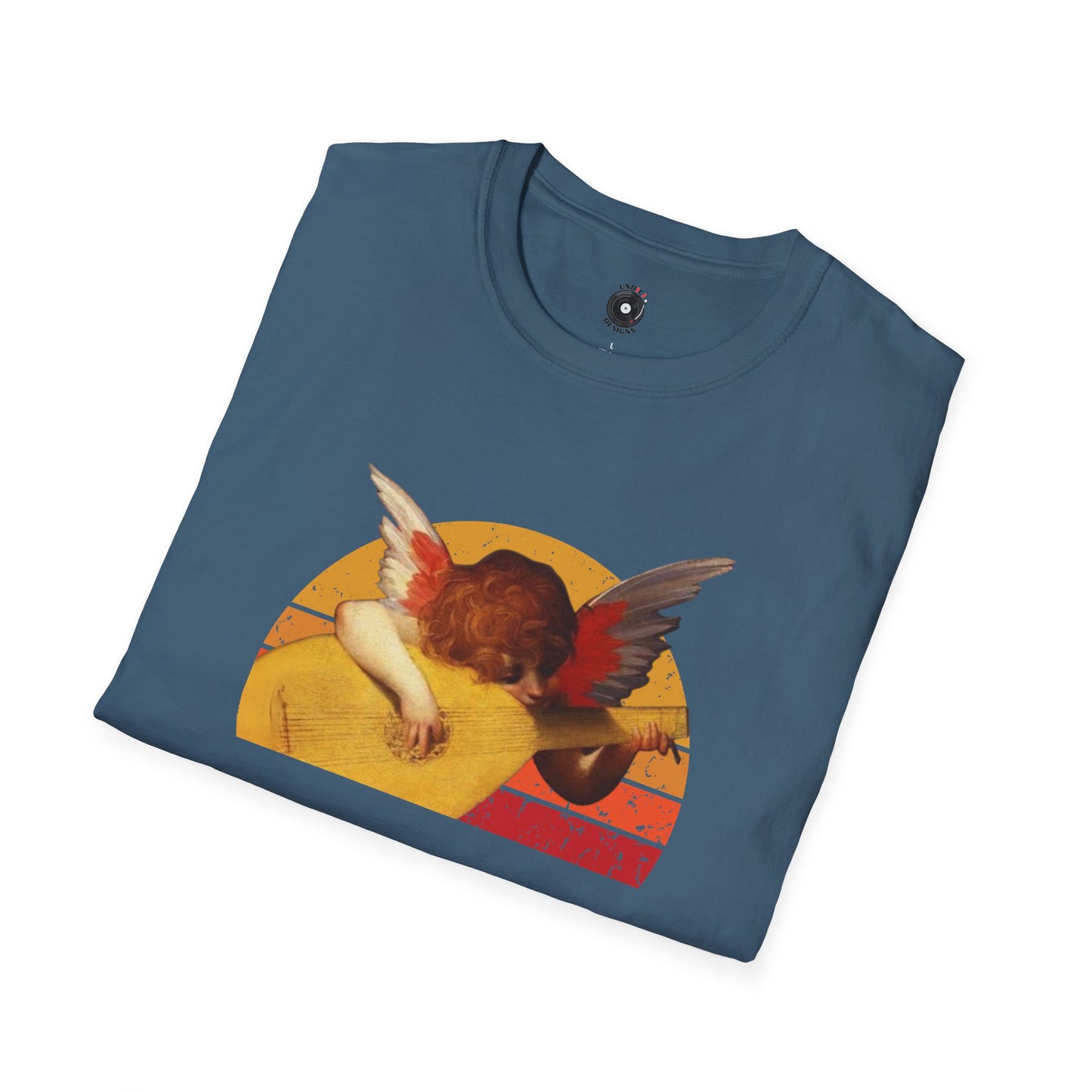 Cherub playing guitar in circular retro sunset.