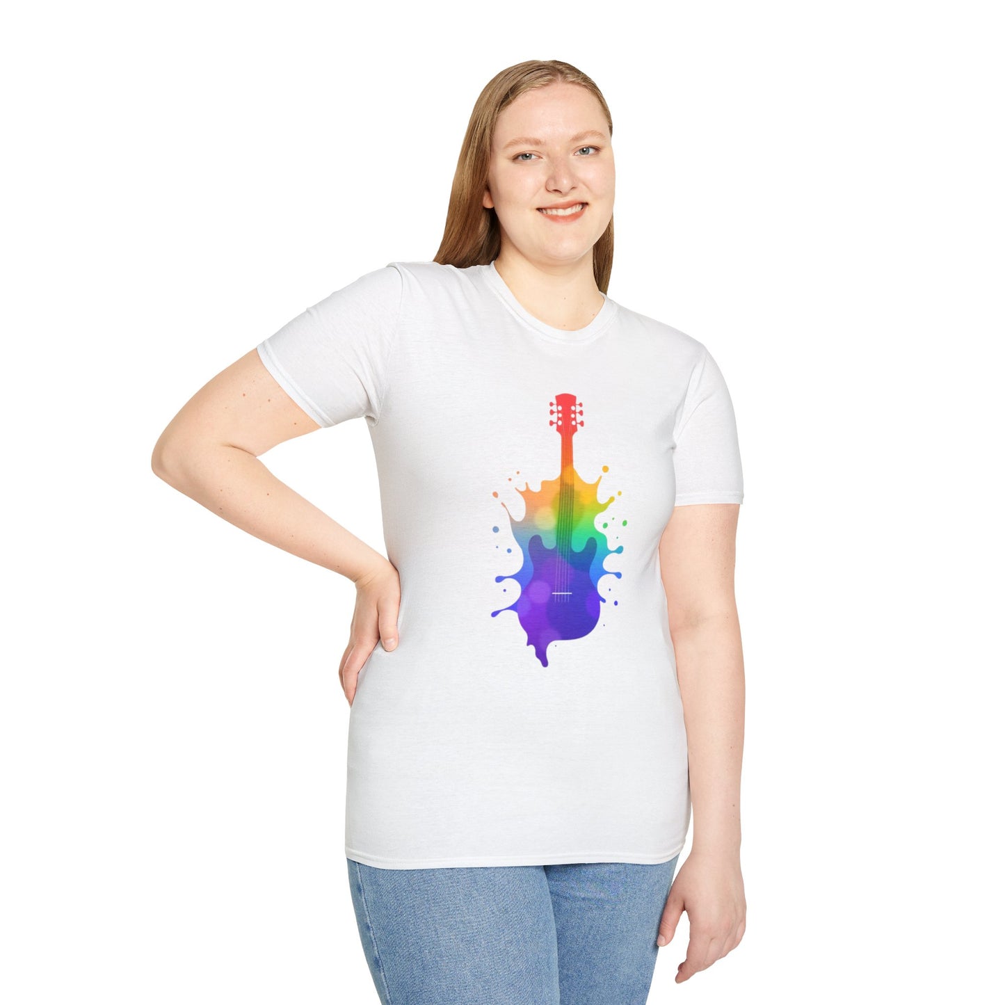 Colorful hollow body guitar in a vibrant splash graphic.