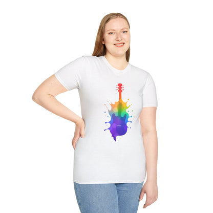 Colorful hollow body guitar in a vibrant splash graphic.