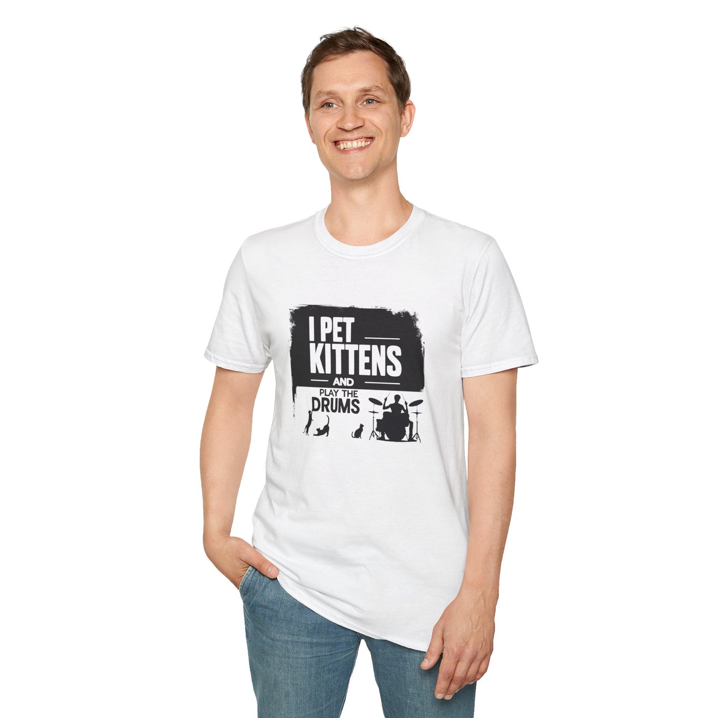 "I pet kittens and play the drums" in highlight graphic tee.