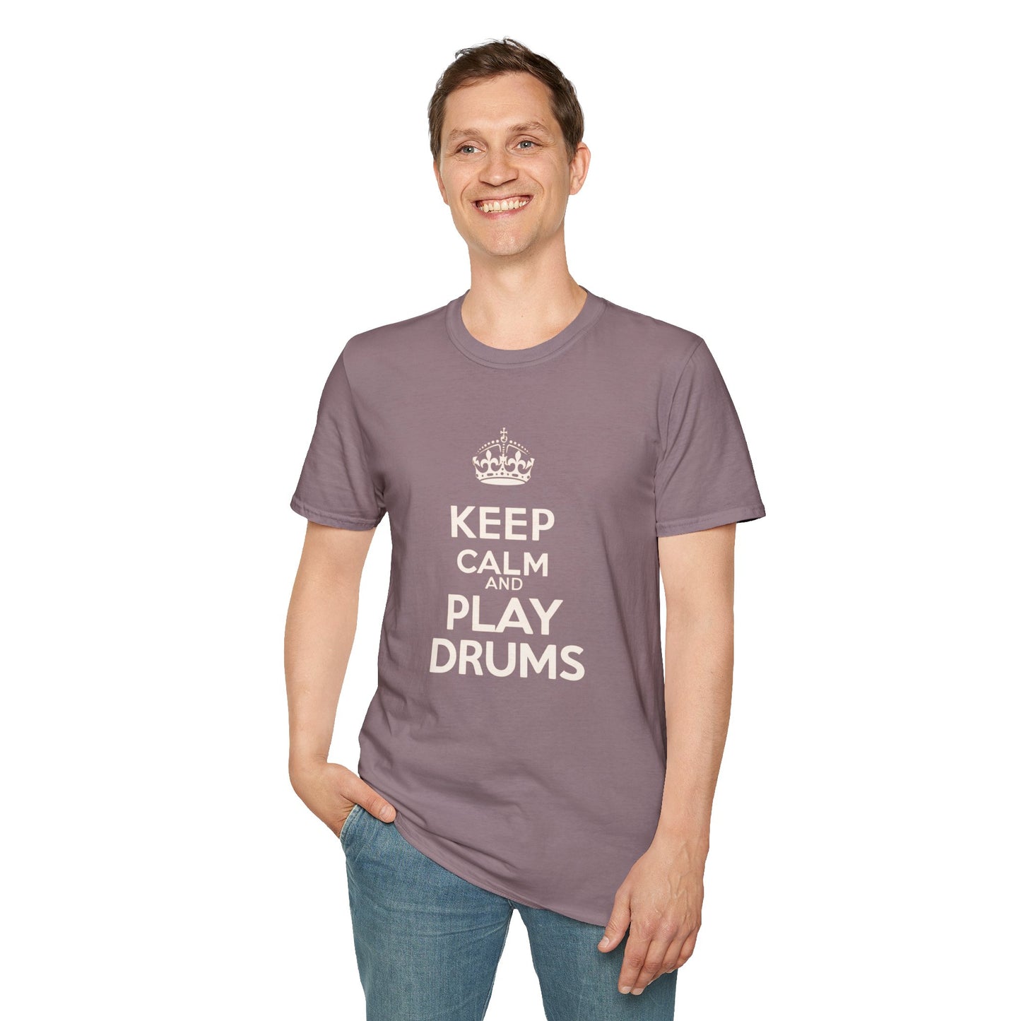 "Keep calm and play drums" text graphic tee.