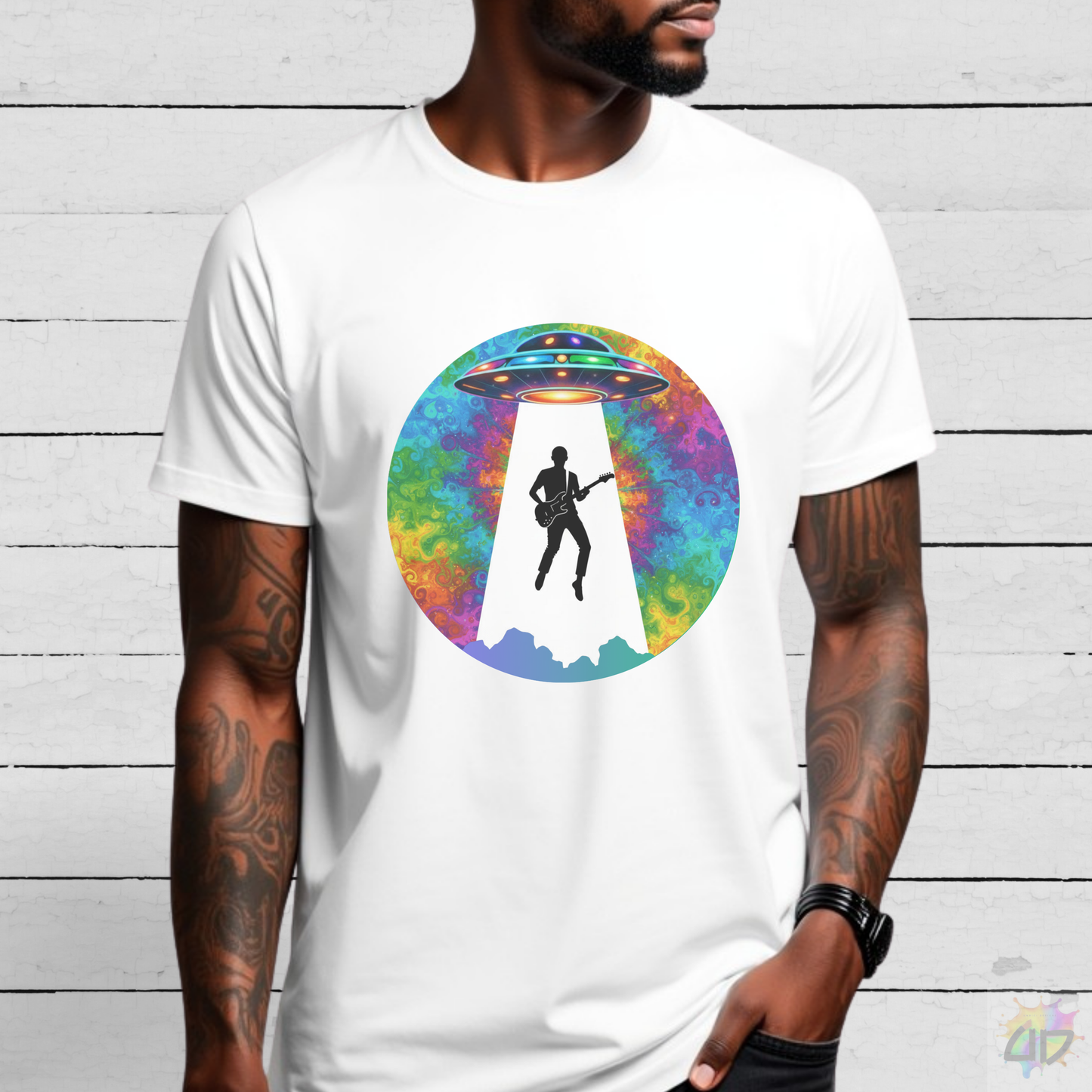 Guitarist Abduction in a Psychedelic Beam Graphic Tee.