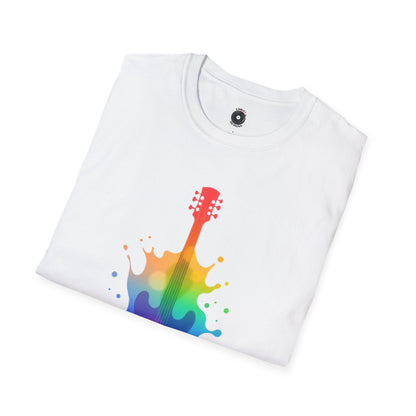 Colorful hollow body guitar in a vibrant splash graphic.