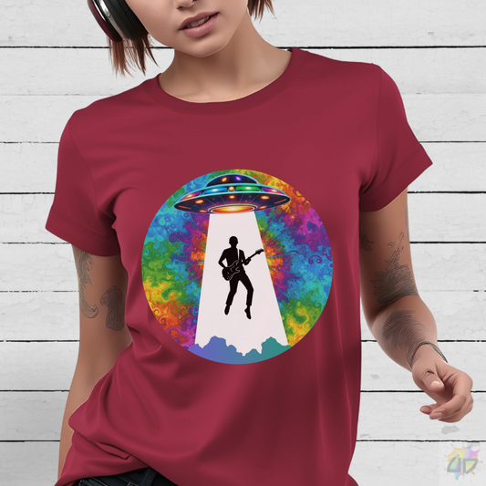 Guitarist Abduction in a Psychedelic Beam Graphic Tee.