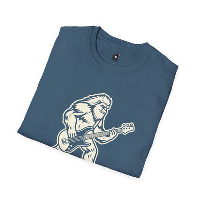 Yeti silhouette with Bass guitar in a cream-colored graphic.