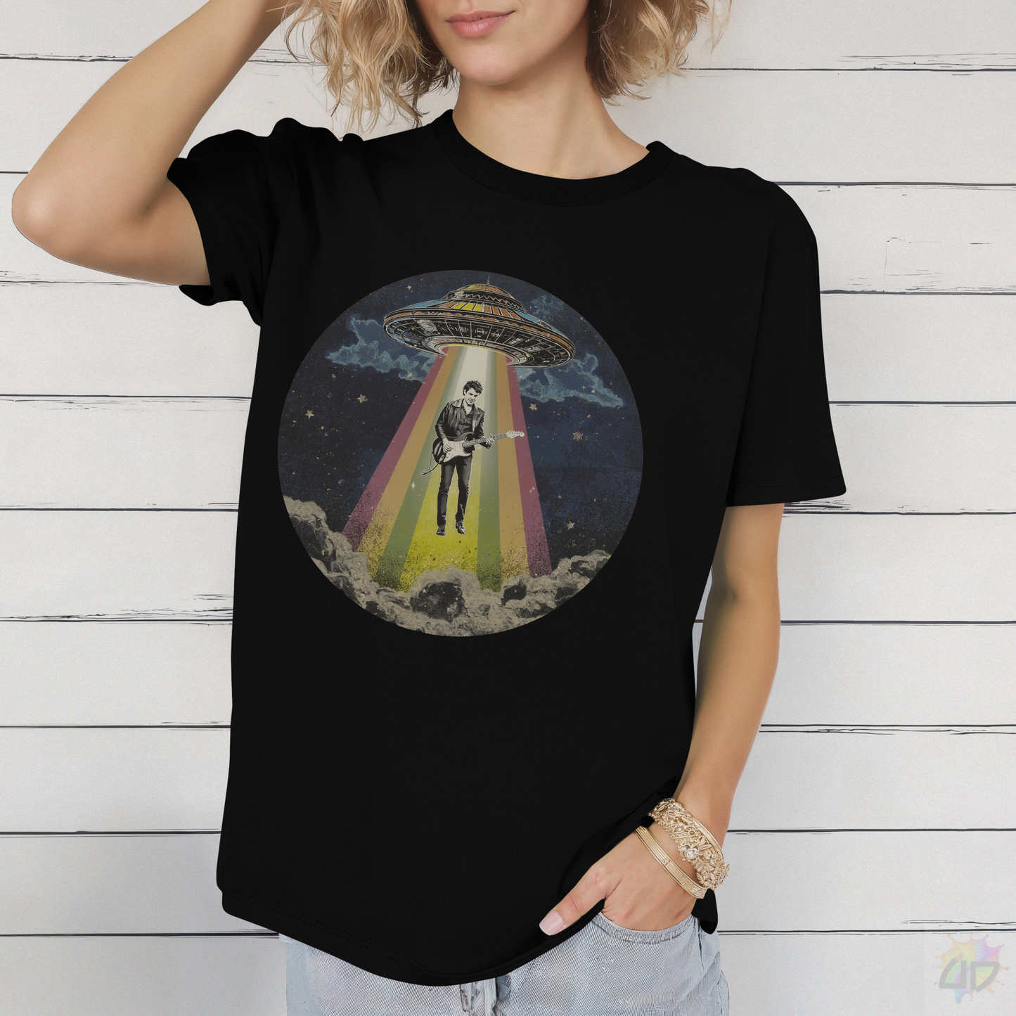 Guitarist being abducted in a retro beam graphic tee.