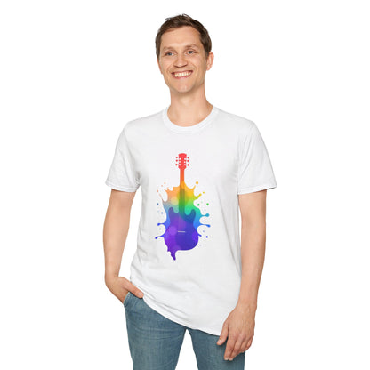 Colorful hollow body guitar in a vibrant splash graphic.