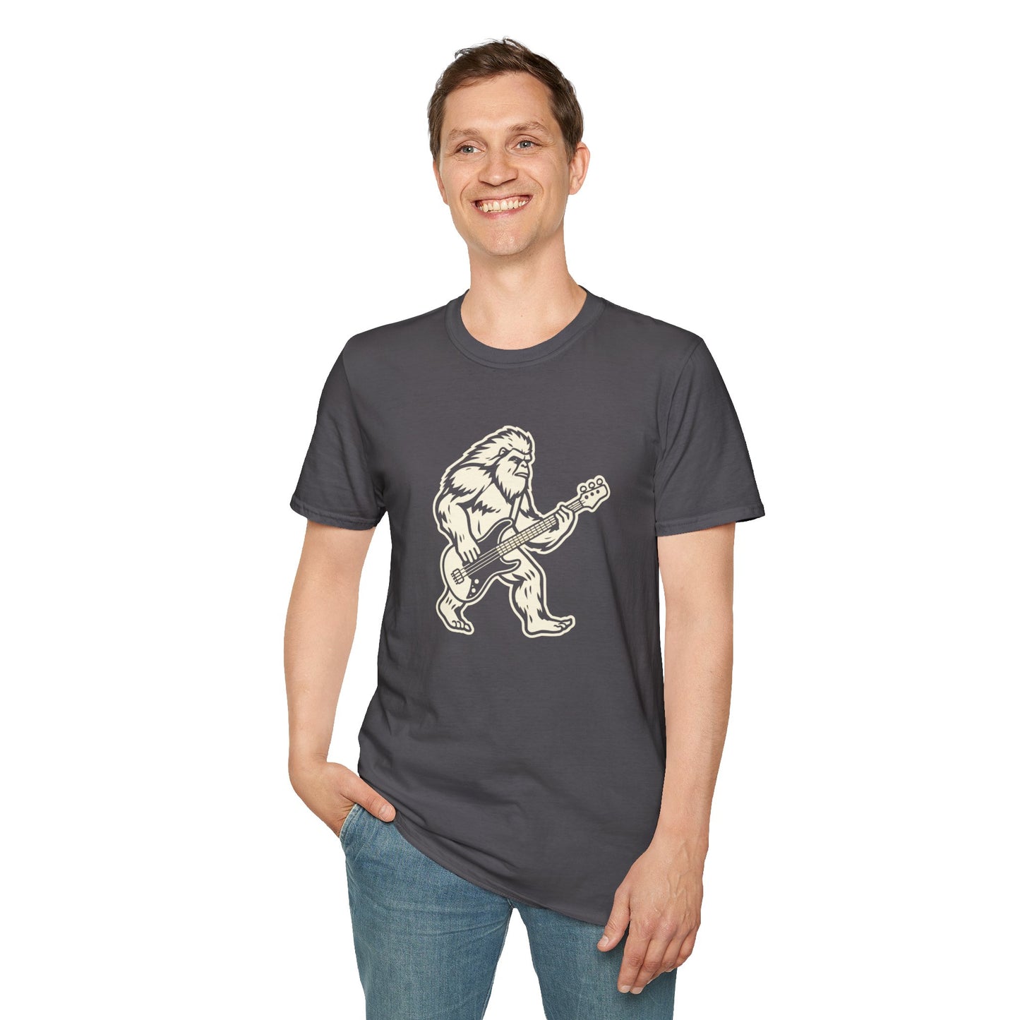 Yeti silhouette with Bass guitar in a cream-colored graphic.
