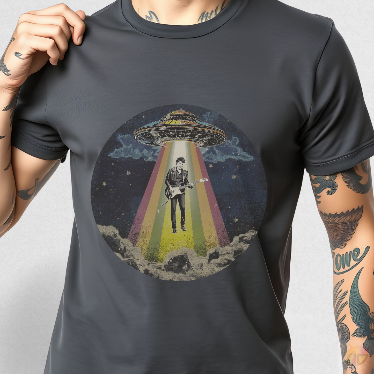 Guitarist being abducted in a retro beam graphic tee.