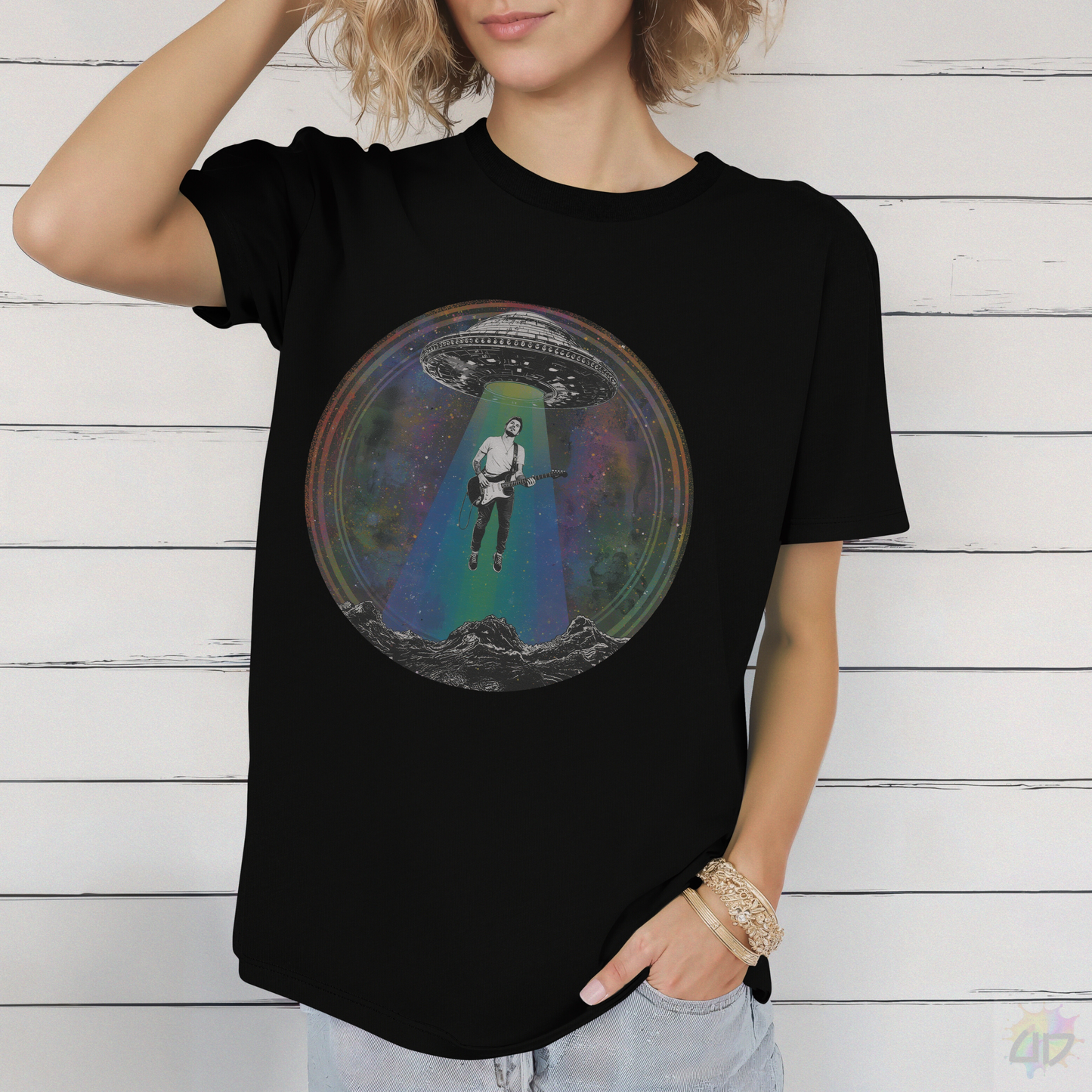 Retro Abduction of a Guitarist Graphic Tee.