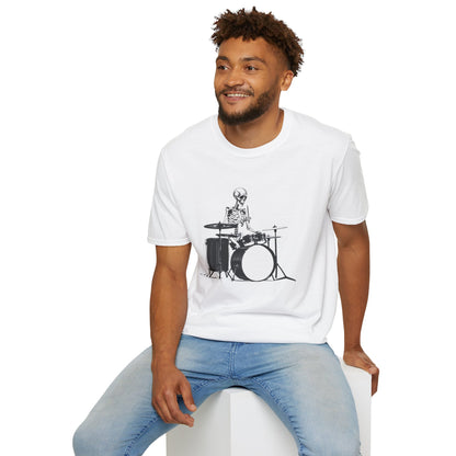 Skeleton silhouette playing drums in a circular background graphic.