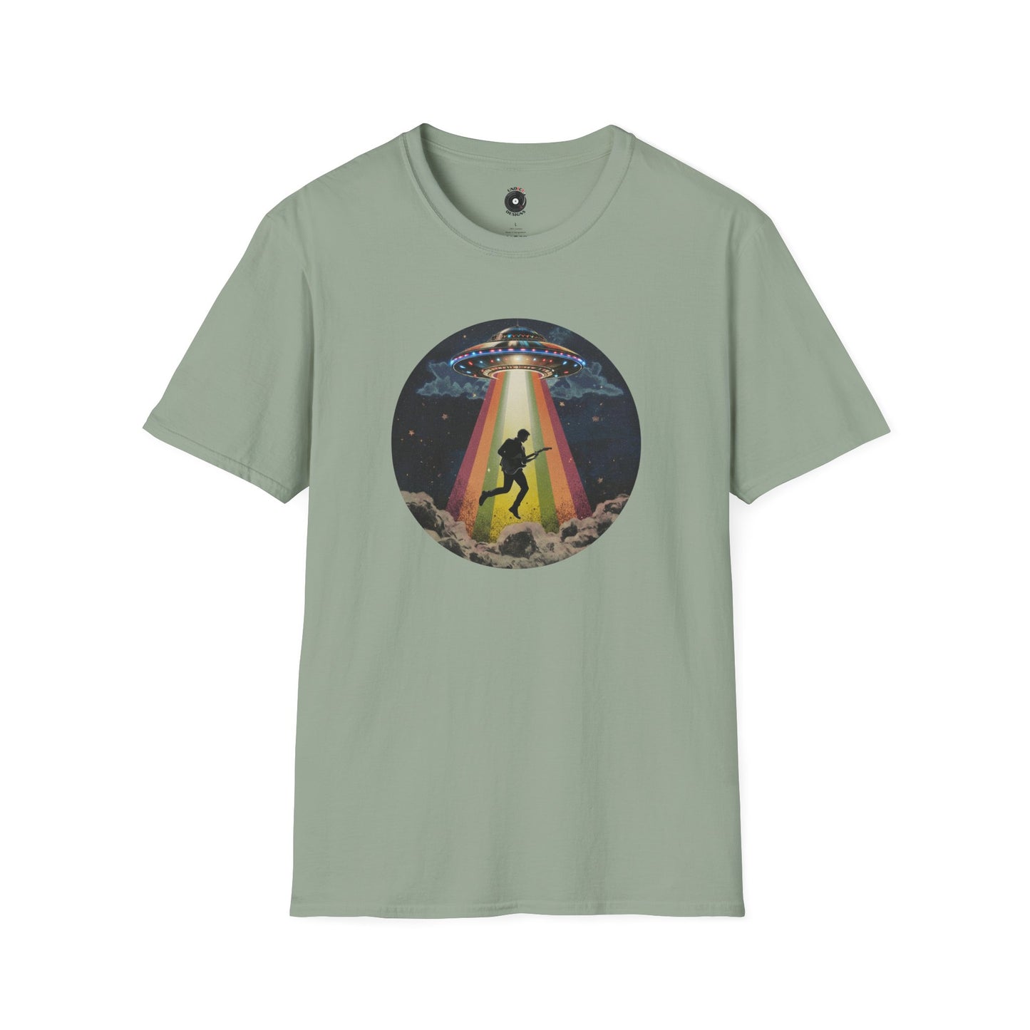 Guitar Player Being Abducted in a Retro Beam Graphic Tee.