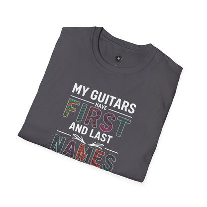 "My guitars have first and last names" colorful text graphic.