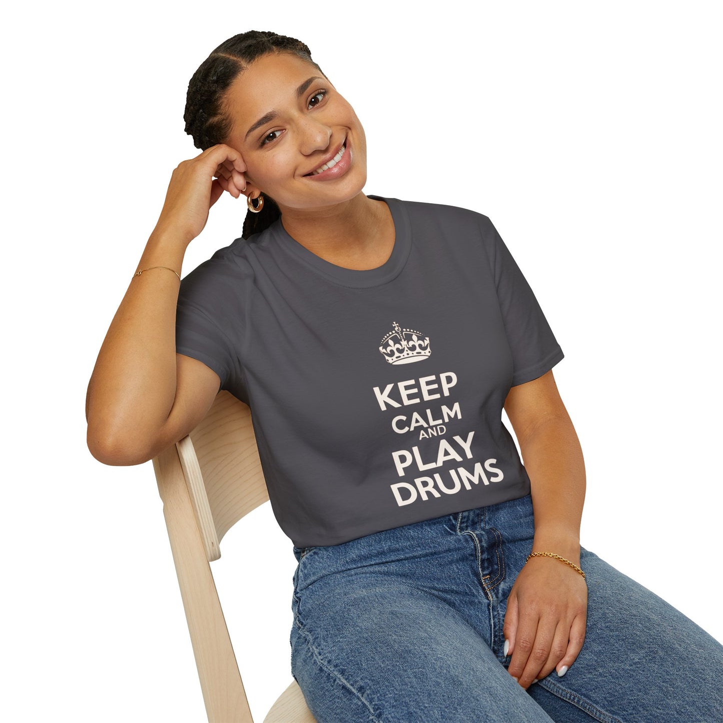 "Keep calm and play drums" text graphic tee.
