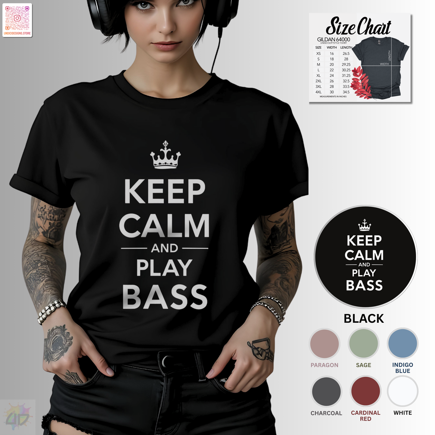 "Keep calm and play bass" text graphic tee.