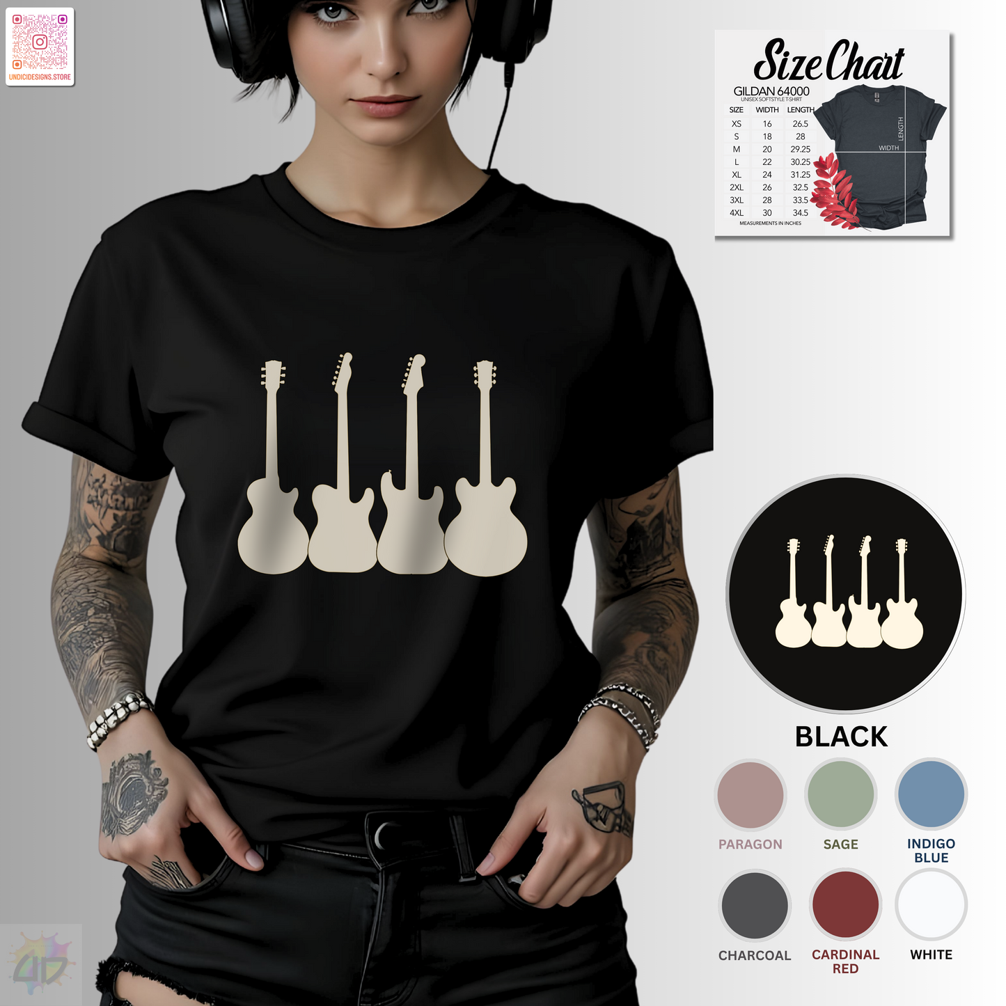 Four horizontal white guitar silhouettes graphic tee.