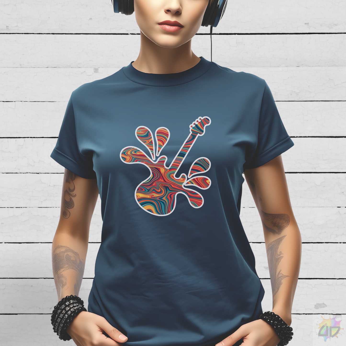 Tie-Dye Guitar in a Vibrant Splash Graphic Tee.