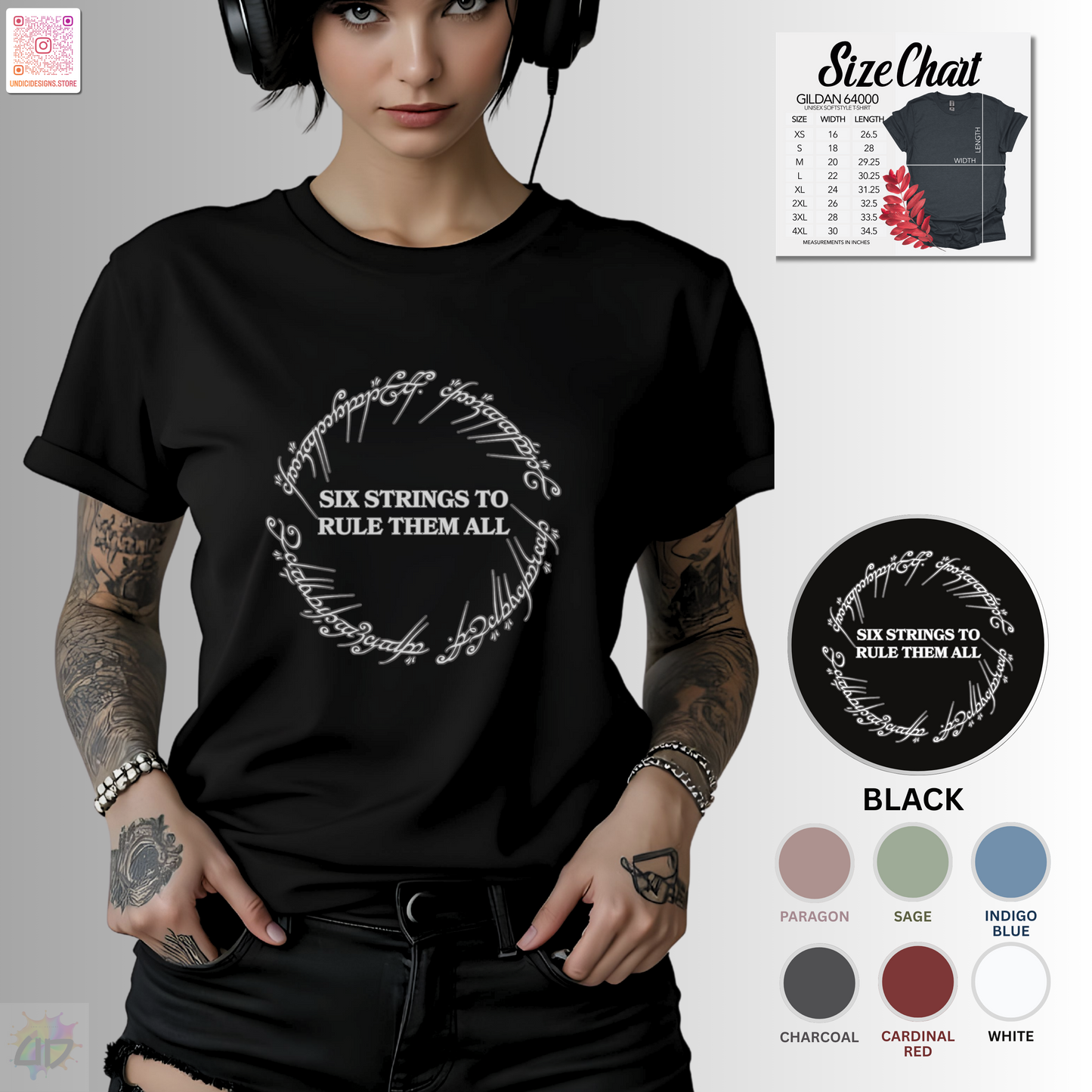 "Six strings to rule them all" in circular graphic tee.