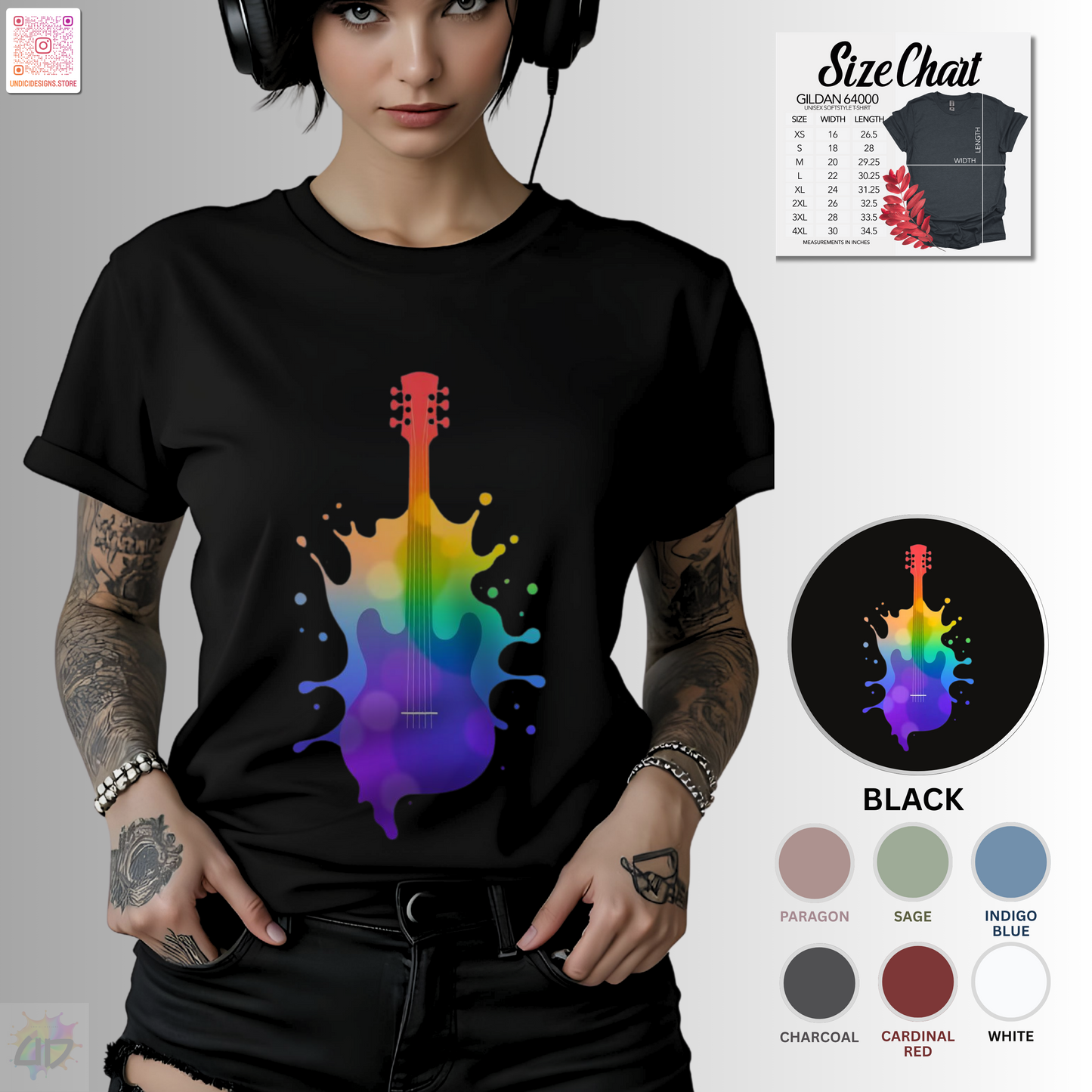 Colorful hollow body guitar in a vibrant splash graphic tee.