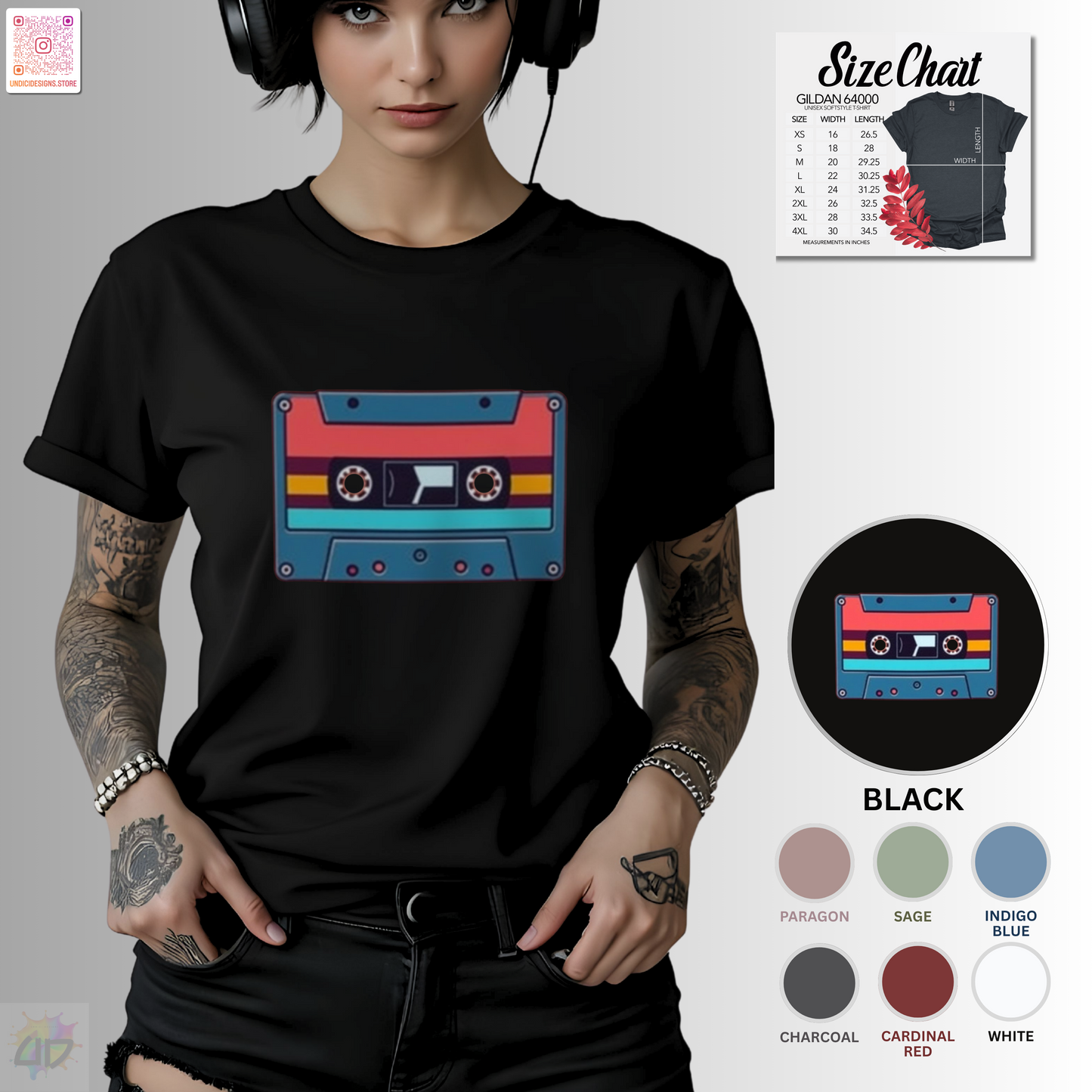 Retro red and blue cassette tape graphic tee.
