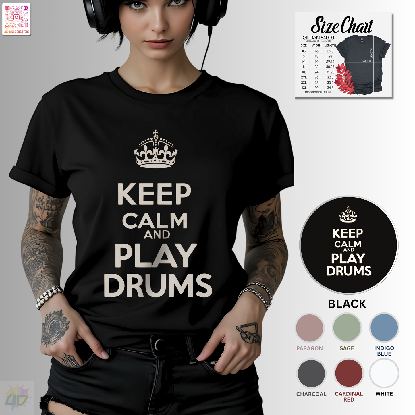 "Keep calm and play drums" graphic text tee.