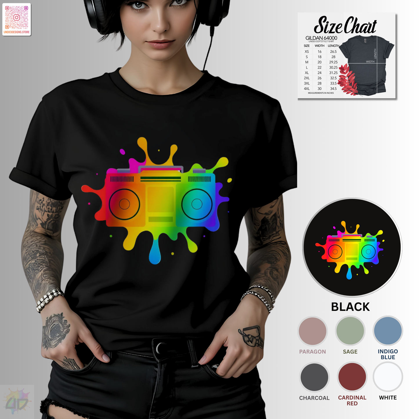Colorful boombox in an artistic splash of vibrant paint graphic tee.